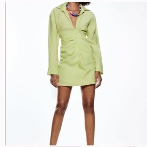 Zara Lime Green Draped Long Sleeve Mini Dress size XS BNWT